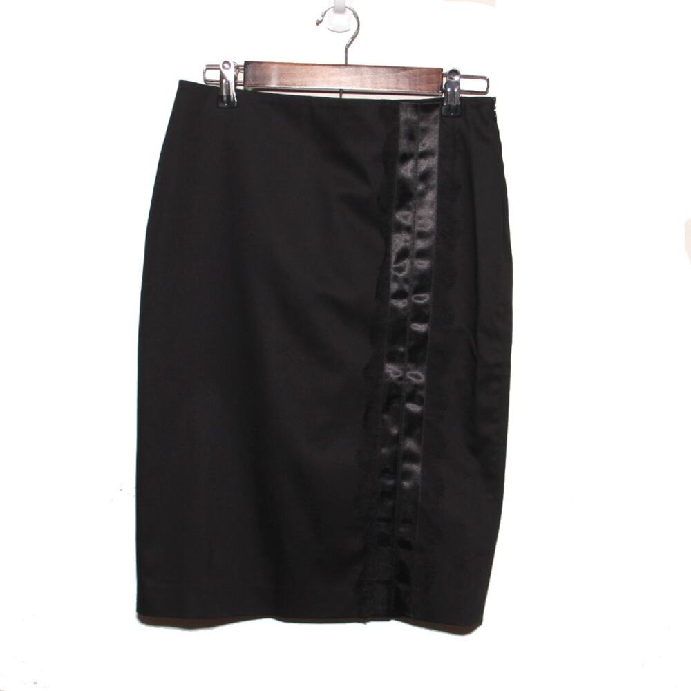Wolford Black Pencil Skirt Size 6 Front slit Satin and Lace stripe trim
